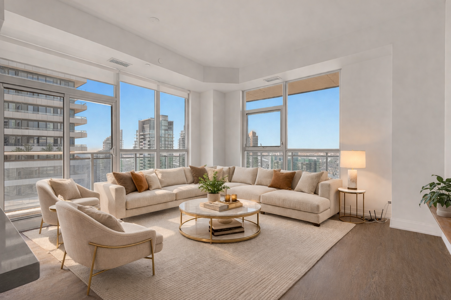 Staged living room with warm tones